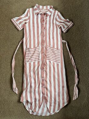 orange creek Pink and White Striped Button-Front Shirt Dress